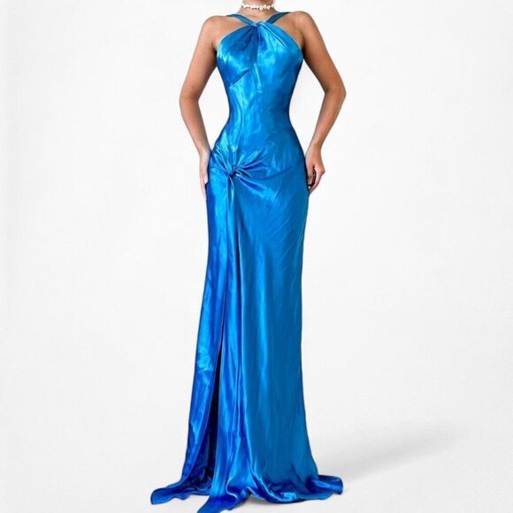 Blue Satin Halter Neck Pleated Side Slit Formal Prom Maxi Dress Size 4/S - Picture 1 of 7